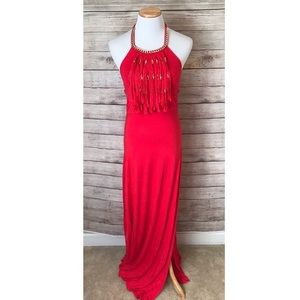 2 for $25! Red Halter Maxi Dress Gold Fringe
